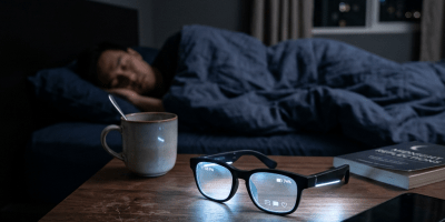 Smart glasses resting on table showing battery status and notifications