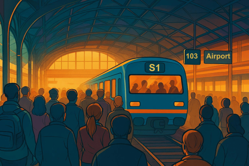 Crowded train platform with many people boarding the same train, illustrating collective assumptions, real‑life confusion, and decision‑making under uncertainty.