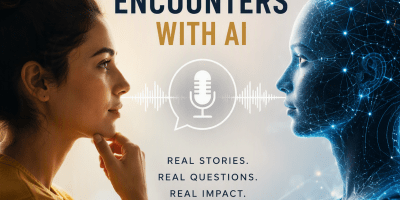 Podcast cover showing a human figure and a digital AI figure facing each other across a microphone icon and audio waveform. The artwork illustrates conversations, interactions, and shared experiences between humans and artificial intelligence, with the title "Human Encounters With AI" prominently displayed.