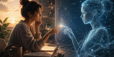 Illustration représentant une personne travaillant sur un carnet face à une représentation numérique d'une intelligence artificielle, symbolisant le dialogue entre l'humain, la réflexion et la technologie.