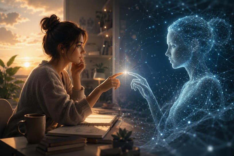 Illustration représentant une personne travaillant sur un carnet face à une représentation numérique d'une intelligence artificielle, symbolisant le dialogue entre l'humain, la réflexion et la technologie.