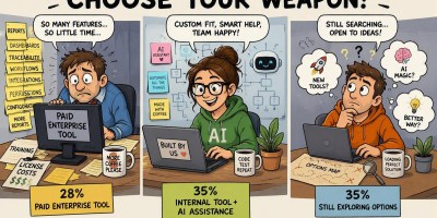 Illustration comparing three approaches to test management: a paid enterprise tool with many features, an internal tool enhanced with AI, and a team still exploring options. The image humorously reflects different strategies teams use to manage testing and quality.