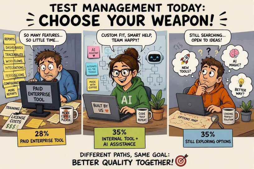 Illustration comparing three approaches to test management: a paid enterprise tool with many features, an internal tool enhanced with AI, and a team still exploring options. The image humorously reflects different strategies teams use to manage testing and quality.