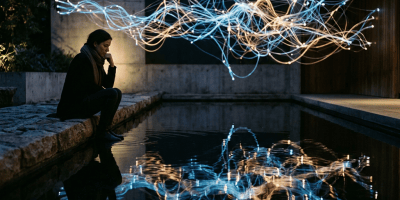 Seated person beside a pool beneath glowing blue and gold light trails